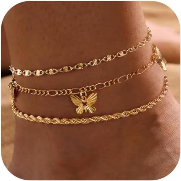 Anklets for Women 14K Real Gold Silver Plated Ankle Bracelets Trendy - Picture 1 of 6
